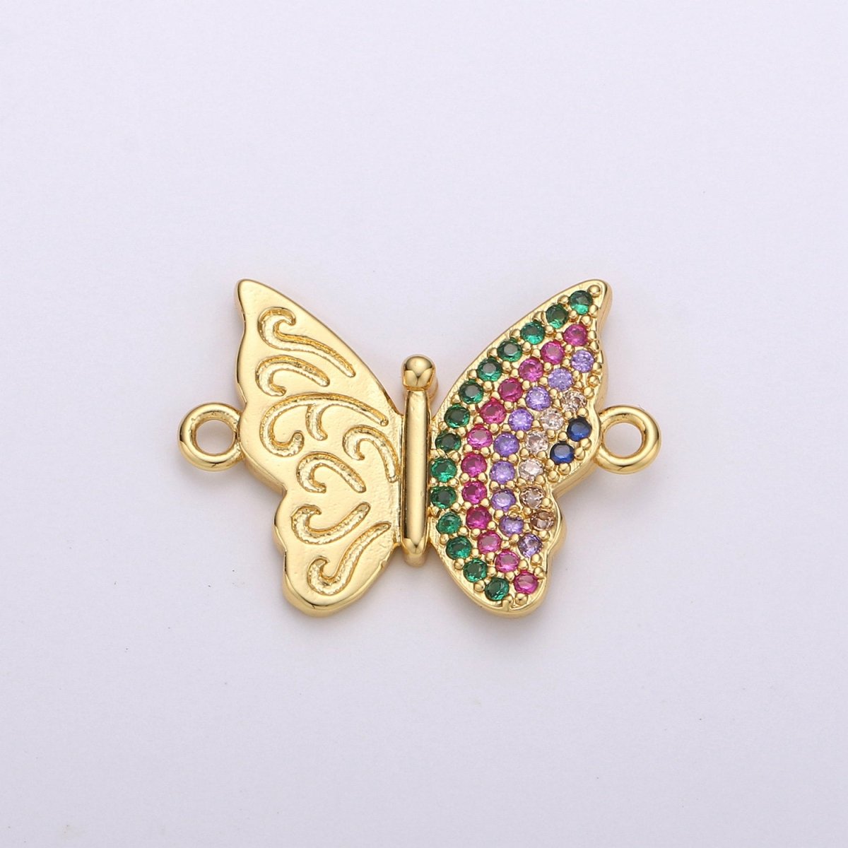 Gold Butterfly Charm Connector, Micro Pave Mariposa Charm, CZ Charms, Cubic Zirconia Butterfly, Micro Pave Link Bracelet Connector F-395 - DLUXCA