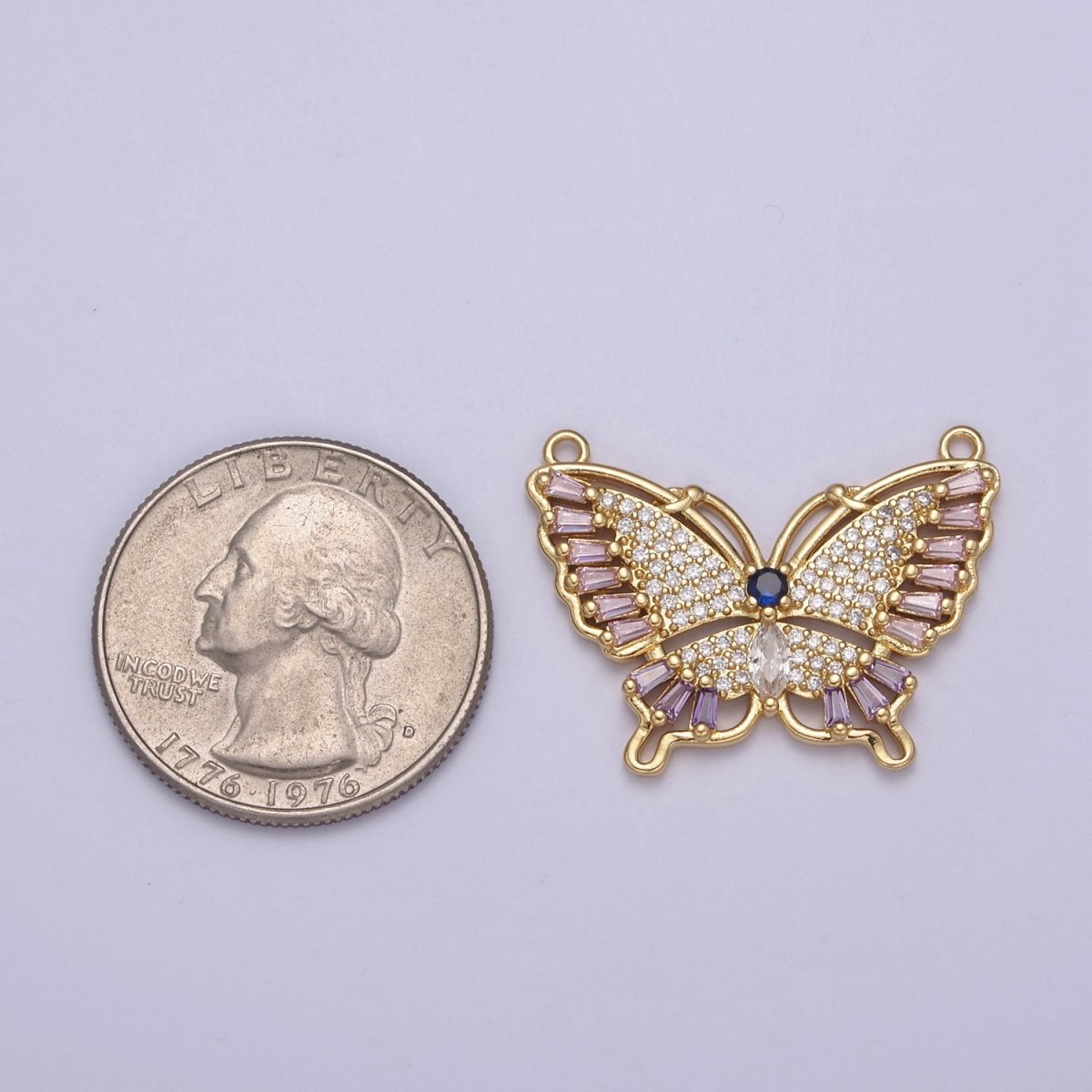Gold Butterfly Cubic Zirconia Pavé with 2 Loops Cubic Clear CZ Gold Mariposa Charm Connector N-134 - DLUXCA