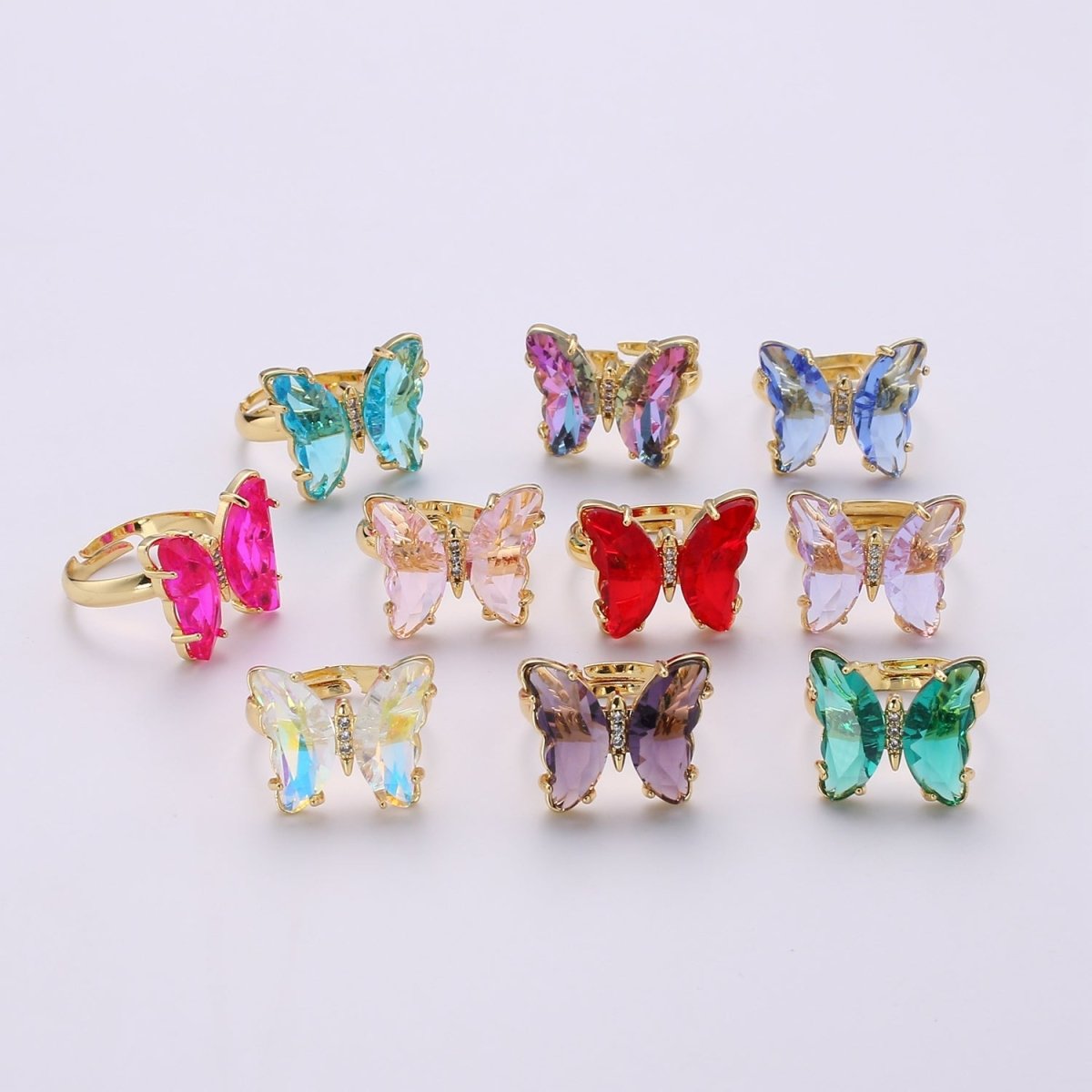 Gold Butterfly Ring Adjustable Ring Colorful Red Pink Purple Green Blue butterfly rings for Valentine Gift Jewelry R-163~R-172 - DLUXCA