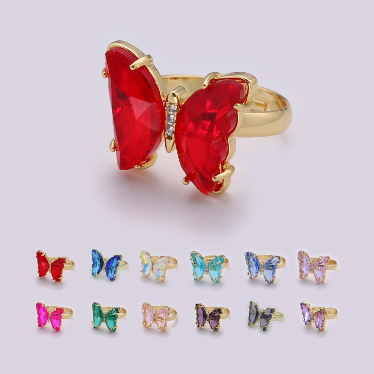 Gold Butterfly Ring Adjustable Ring Colorful Red Pink Purple Green Blue butterfly rings for Valentine Gift Jewelry R-163~R-172 - DLUXCA