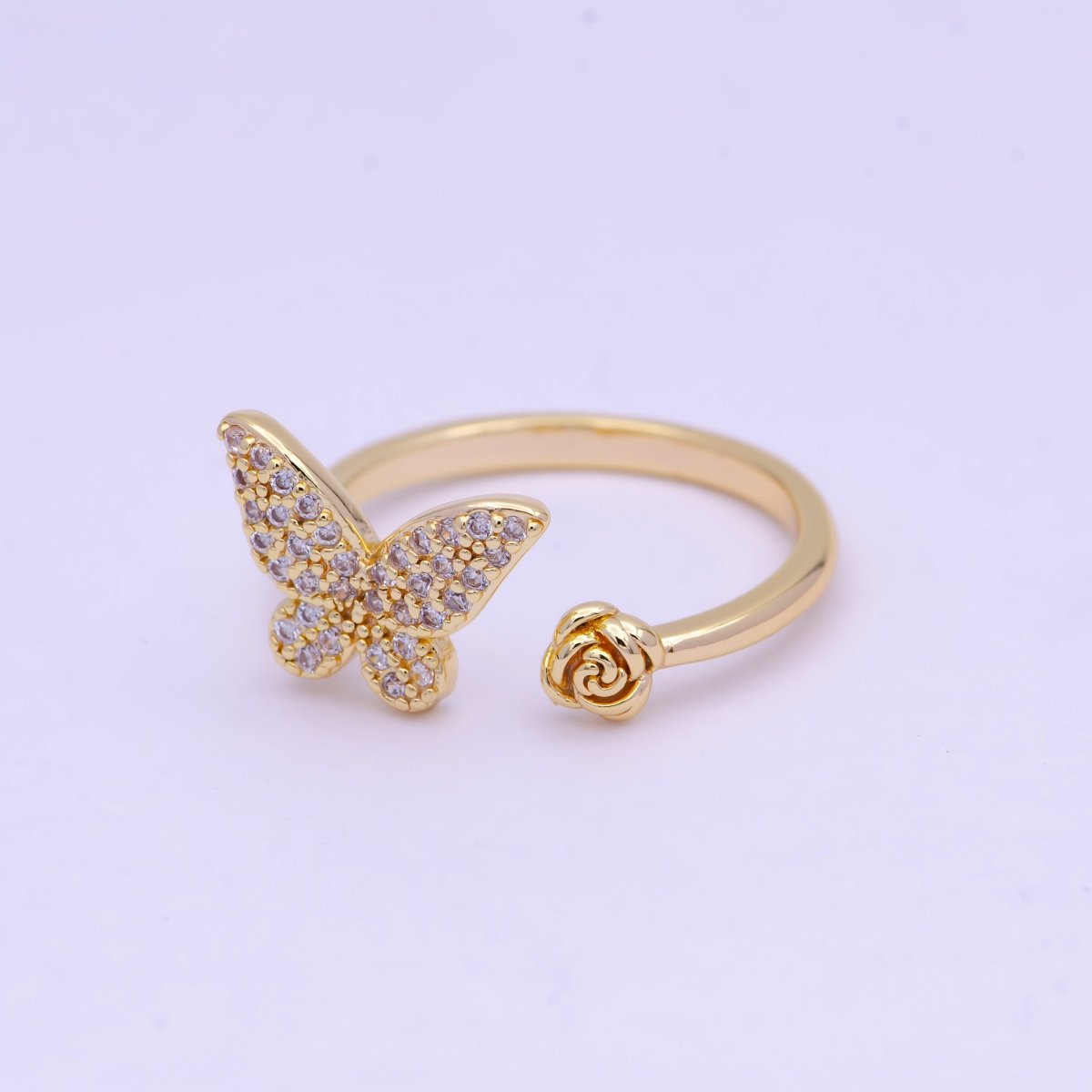 Gold Butterfly Ring with Rose Flower Open Adjustable | X-604 - DLUXCA