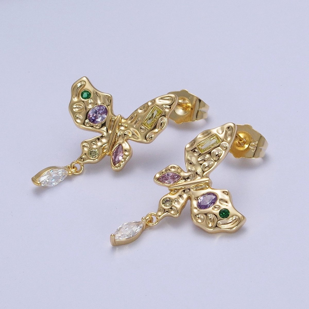 Gold Butterfly Stud Earring with Marquise Drop Charm Clear Multi Color Cz Mariposa Earring AE-1042 AE-1043 - DLUXCA