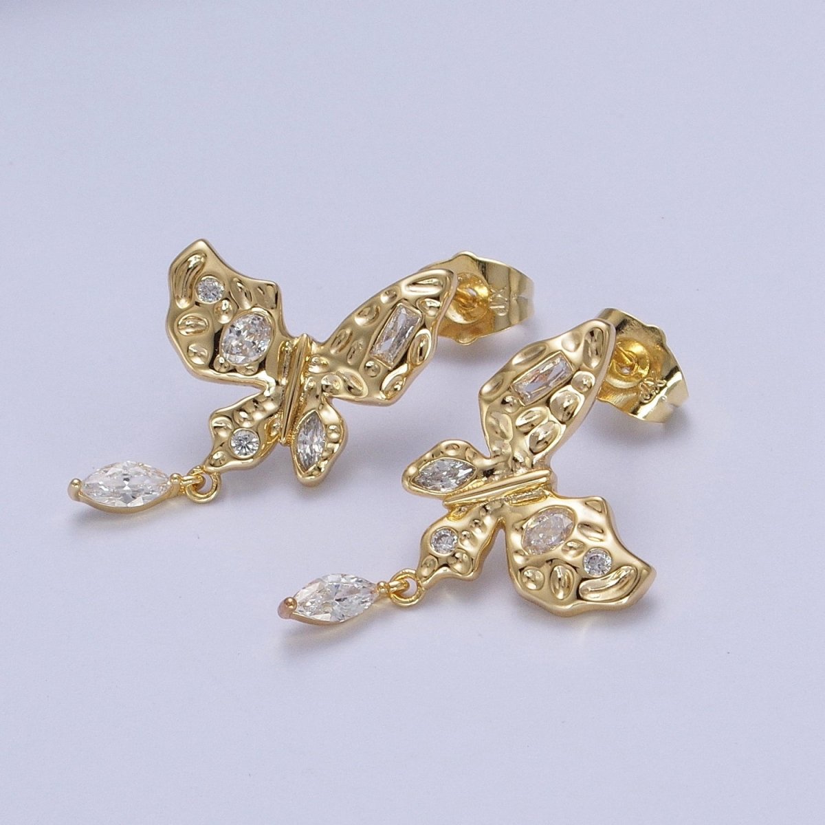 Gold Butterfly Stud Earring with Marquise Drop Charm Clear Multi Color Cz Mariposa Earring AE-1042 AE-1043 - DLUXCA