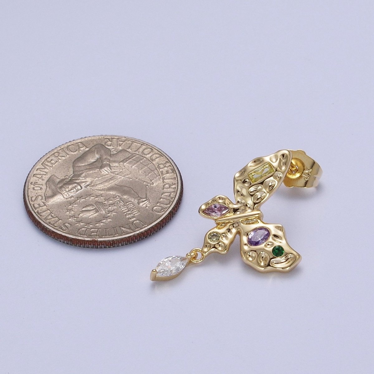 Gold Butterfly Stud Earring with Marquise Drop Charm Clear Multi Color Cz Mariposa Earring AE-1042 AE-1043 - DLUXCA
