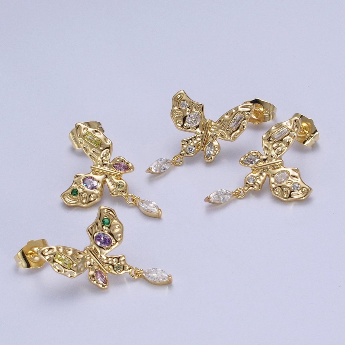 Gold Butterfly Stud Earring with Marquise Drop Charm Clear Multi Color Cz Mariposa Earring AE-1042 AE-1043 - DLUXCA