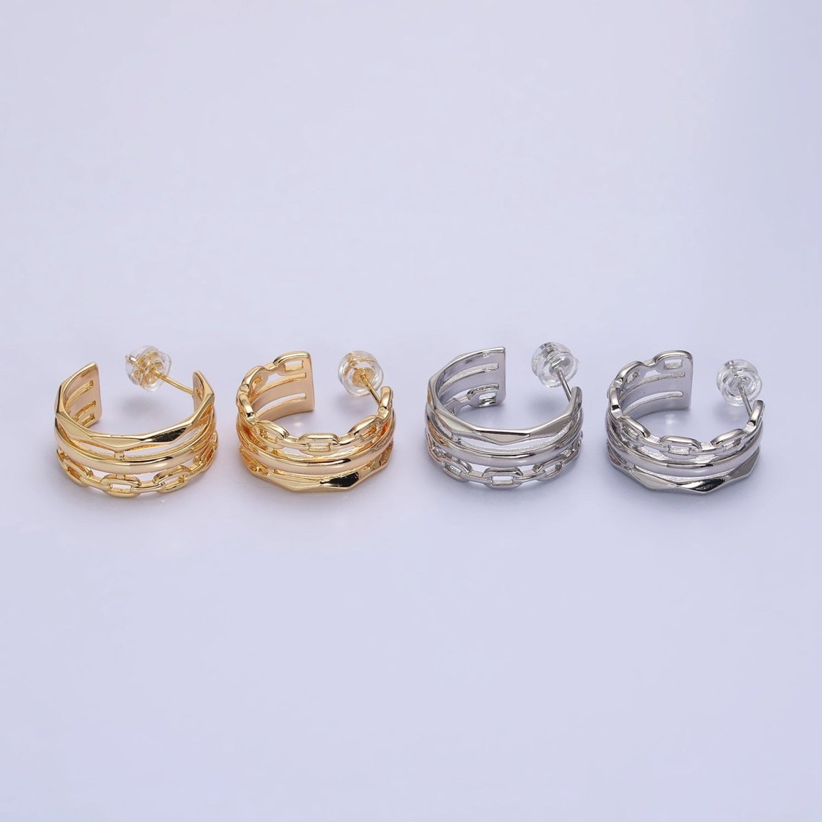 Gold Cable Link Hoop Earring Silver Triple Layer Hoop in Silver AB608 AB609 - DLUXCA