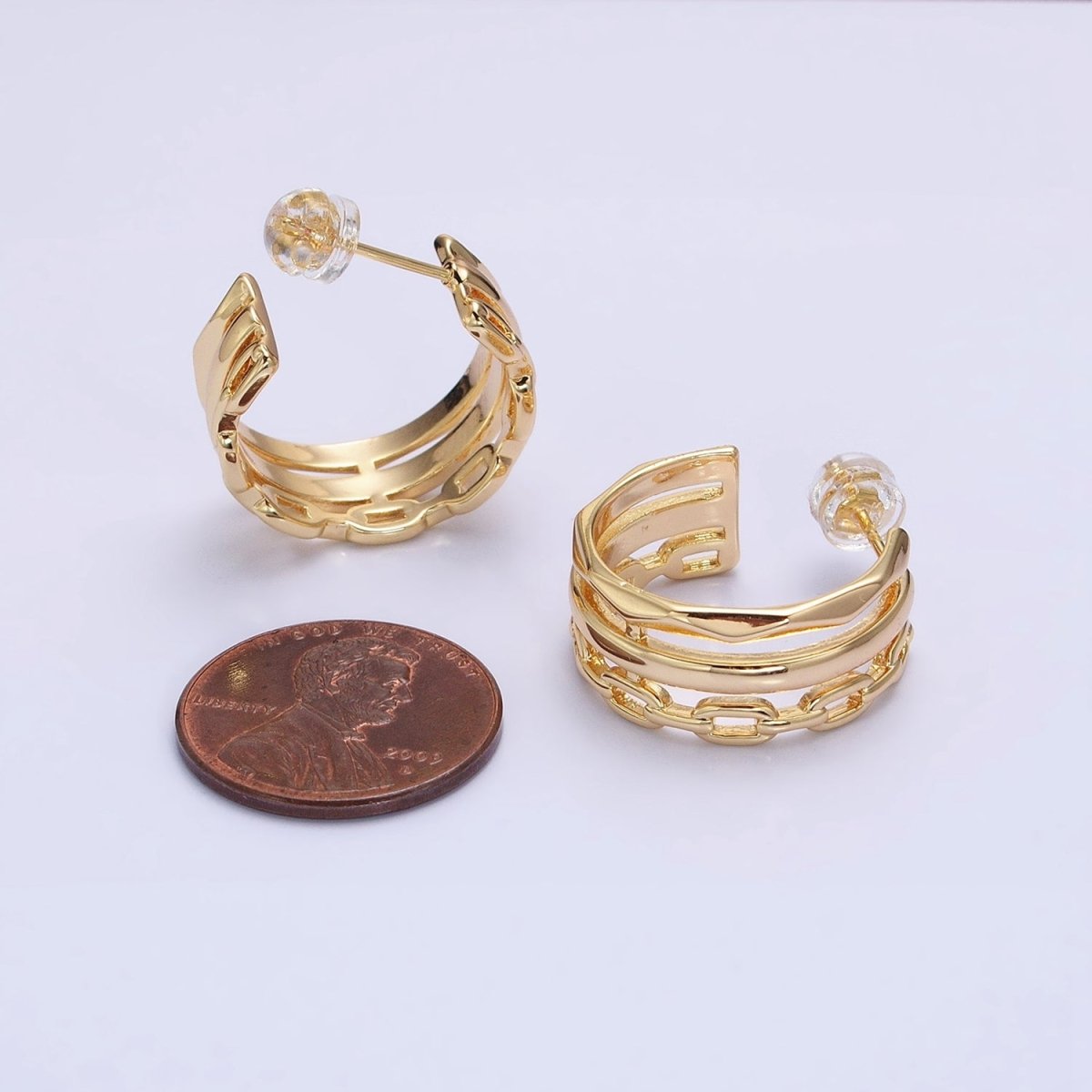 Gold Cable Link Hoop Earring Silver Triple Layer Hoop in Silver AB608 AB609 - DLUXCA
