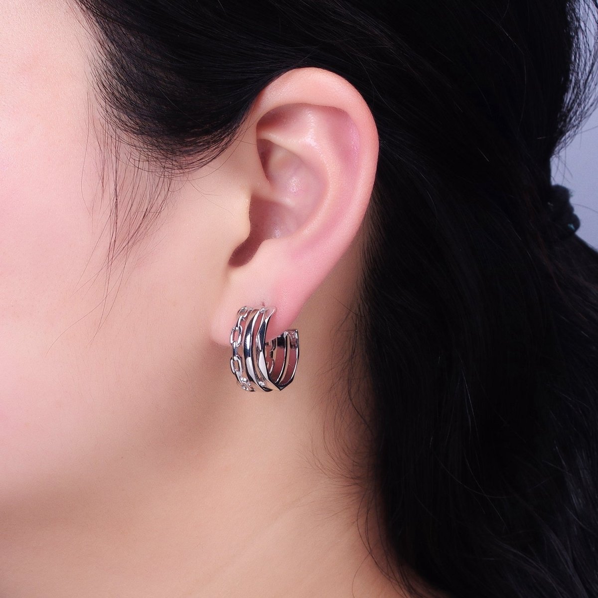 Gold Cable Link Hoop Earring Silver Triple Layer Hoop in Silver AB608 AB609 - DLUXCA