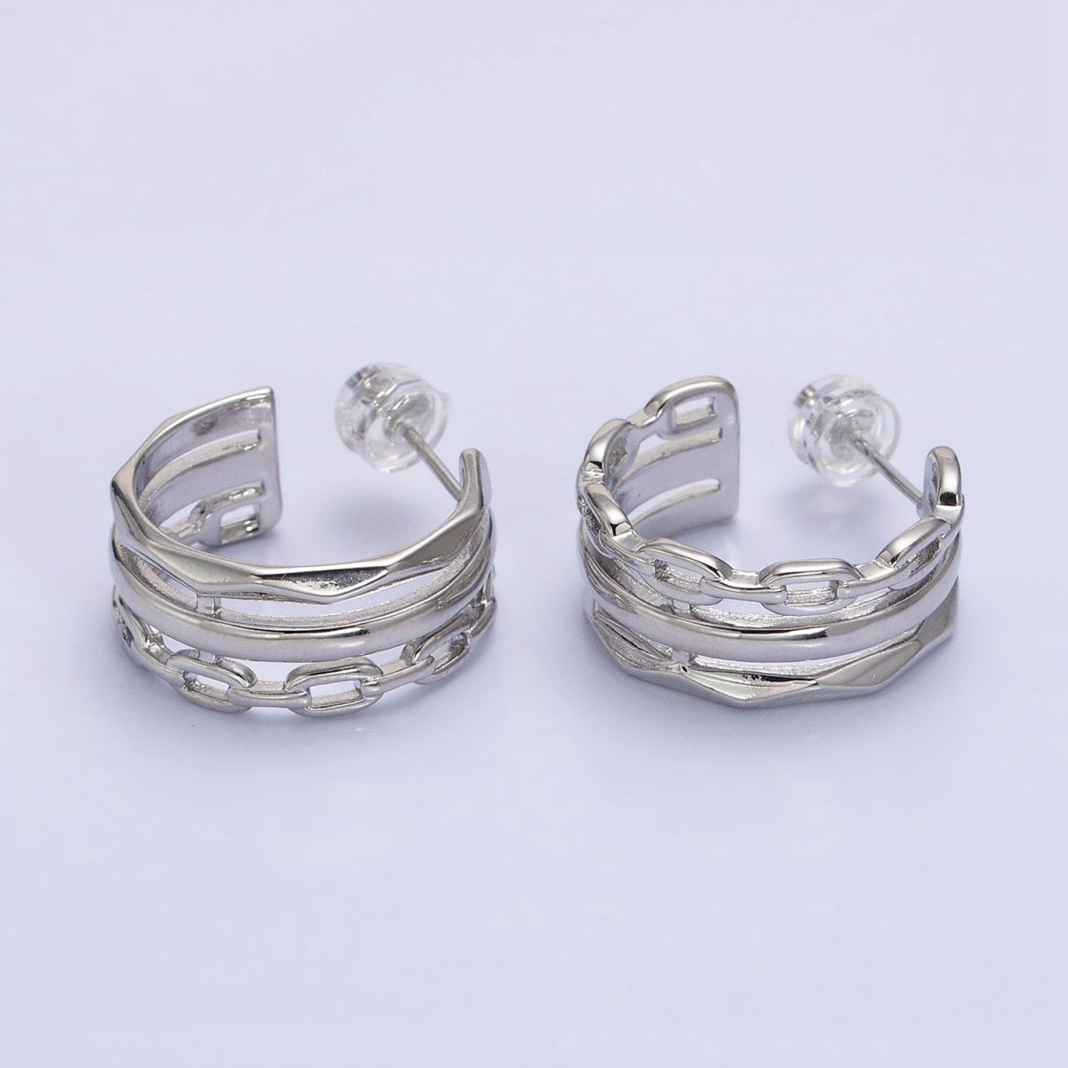 Gold Cable Link Hoop Earring Silver Triple Layer Hoop in Silver AB608 AB609 - DLUXCA