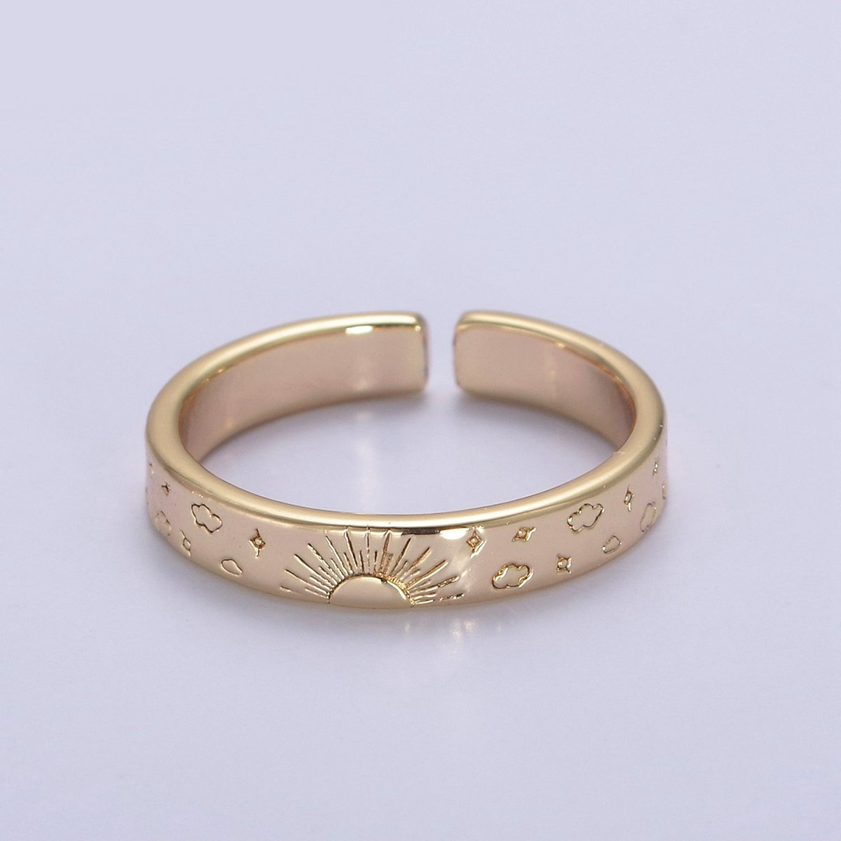 Gold Celestial Astronomy RING SET, Engraved Sun & Moon & Stars Gold Band Rings, 16K Gold Filled Adjustable Rings U-442 - DLUXCA