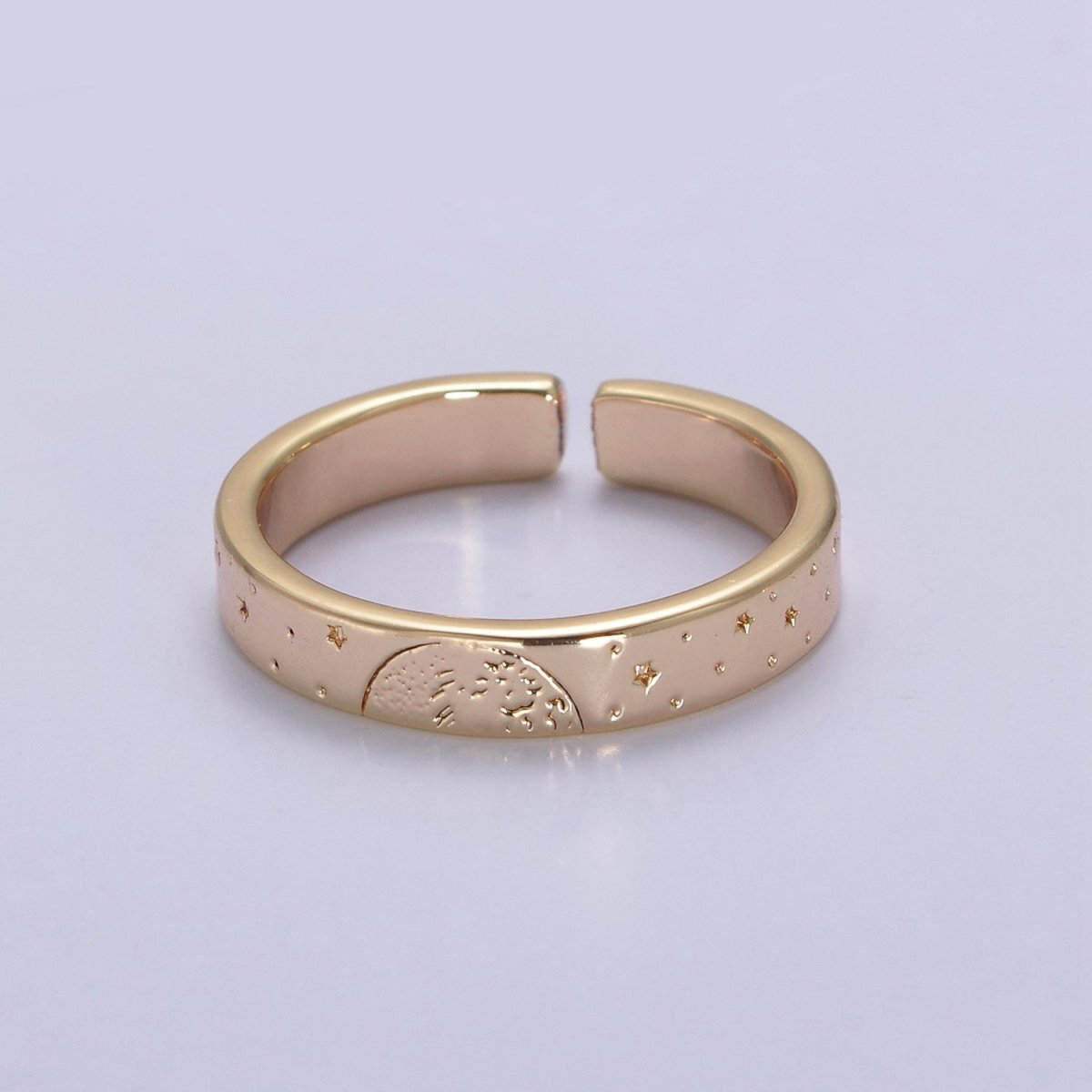 Gold Celestial Astronomy RING SET, Engraved Sun & Moon & Stars Gold Band Rings, 16K Gold Filled Adjustable Rings U-442 - DLUXCA