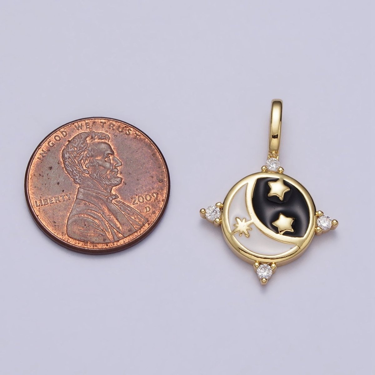 Gold Celestial Crescent Moon Stars Black & White Enamel CZ Round Pendant | AA395 - DLUXCA