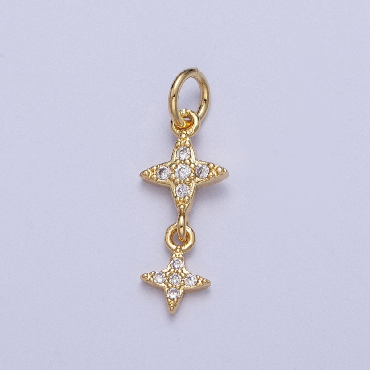 Gold Celestial Double Stars Micro Paved Cubic Zirconia Charm For DIY Jewelry Making | X-720 - DLUXCA