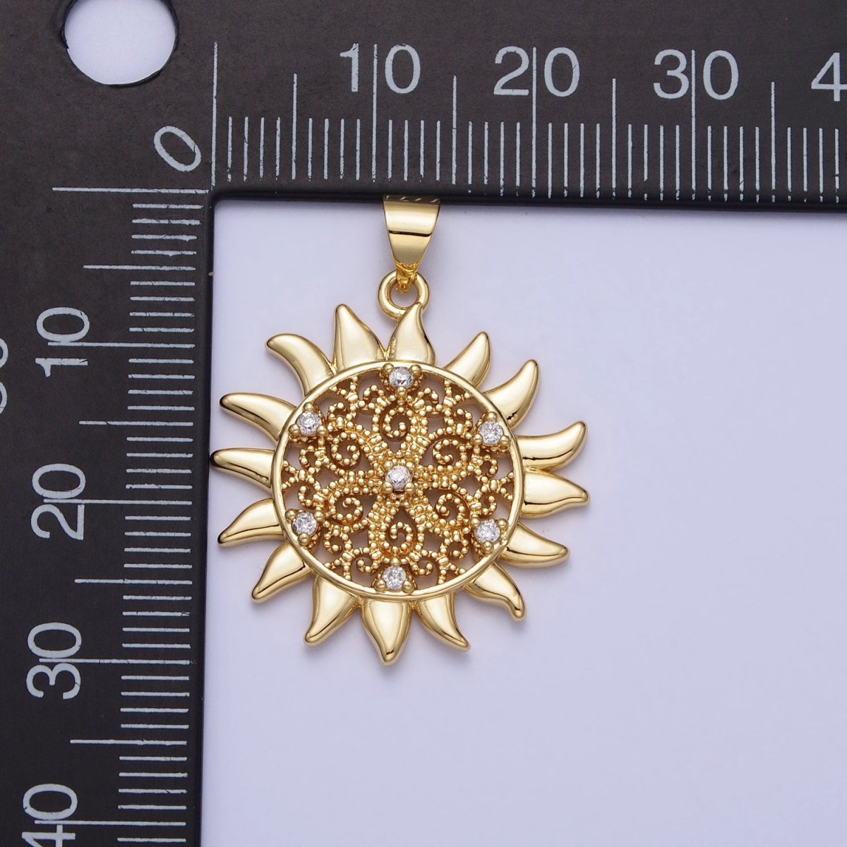 Gold Celestial Shinning Sun Filigree Beaded Clear CZ Pendant | AA157 - DLUXCA