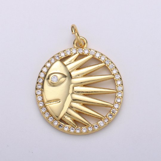 Gold Celestial Sun Crescent Moon Charm, Micro Pave CZ Charm 14K Gold Filled Pendant Celestial Face Necklace Charm for Jewelry Making D-831 - DLUXCA