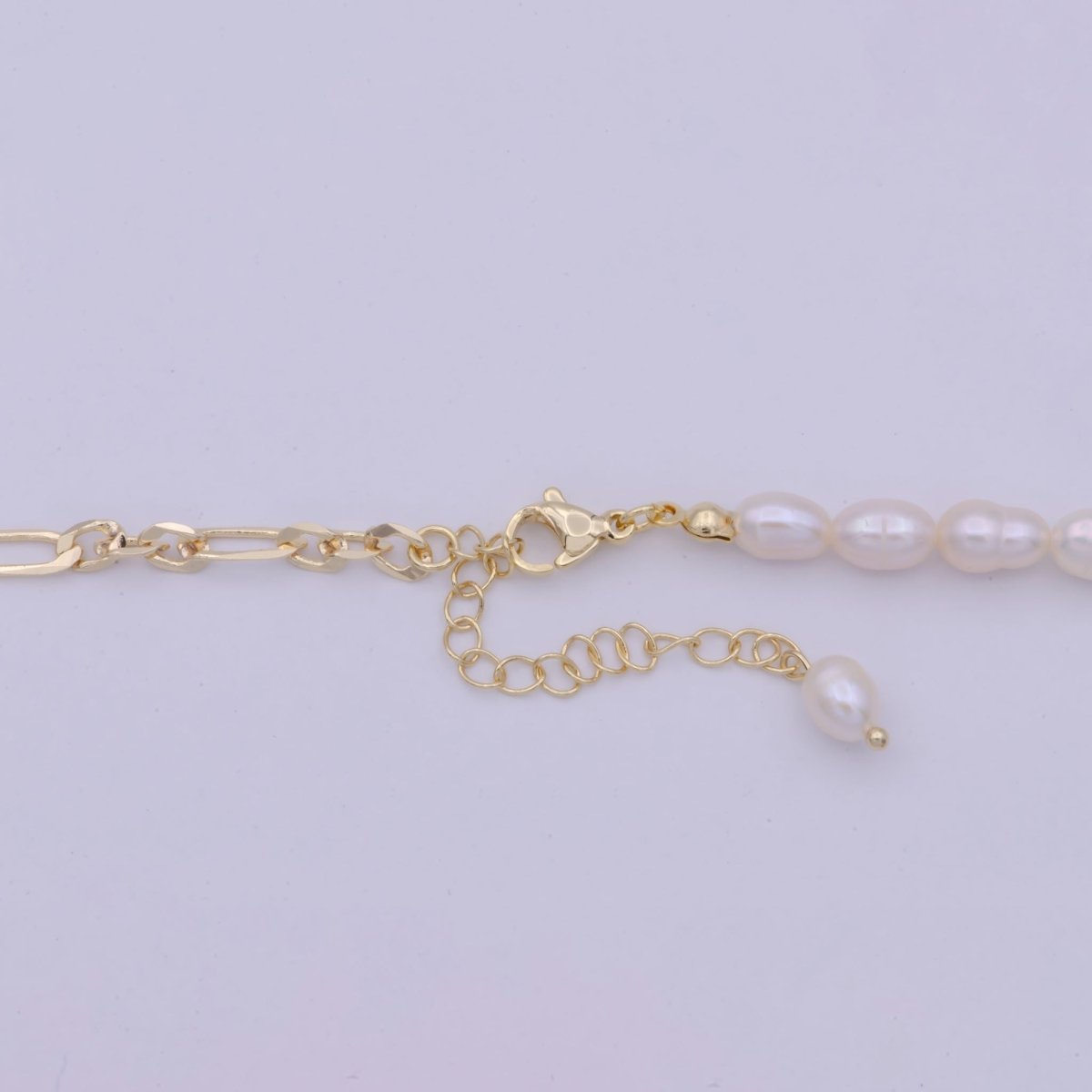 Gold Chain Half Pearl Necklace - Gold Figaro Chain Necklace - Dainty Pearl Choker - Emerald Green CZ | WA-511 Clearance Pricing - DLUXCA