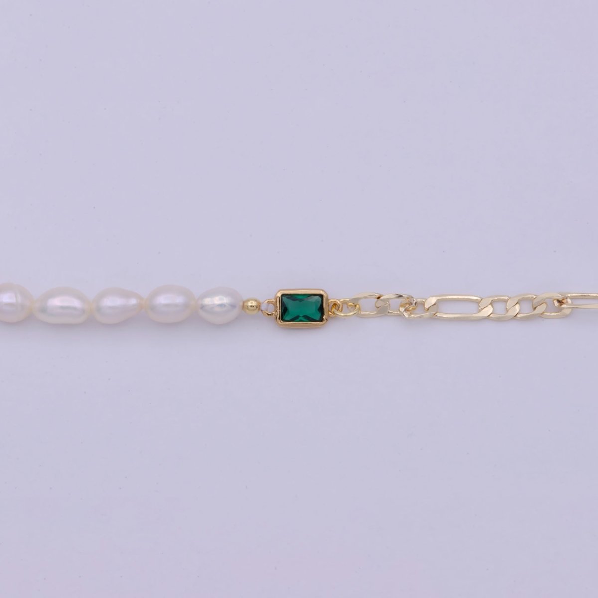 Gold Chain Half Pearl Necklace - Gold Figaro Chain Necklace - Dainty Pearl Choker - Emerald Green CZ | WA-511 Clearance Pricing - DLUXCA