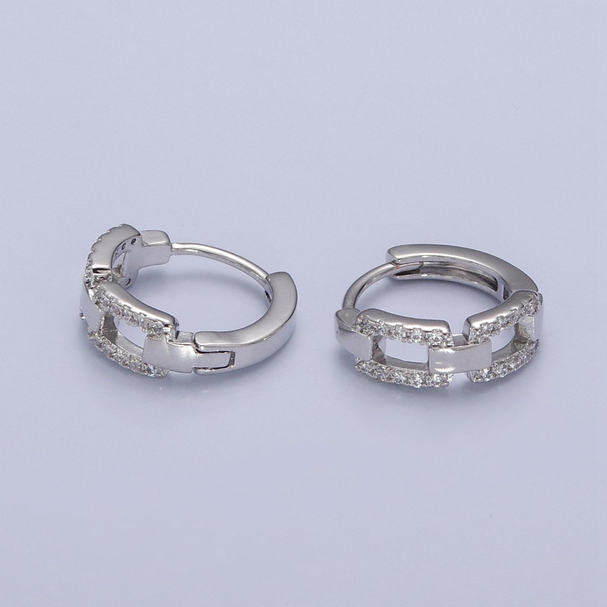 Gold Chain Huggie Hoop Earrings, Gold Chain Link Earrings Pave Chain Shape Hoop Earring T-398 V-130 - DLUXCA