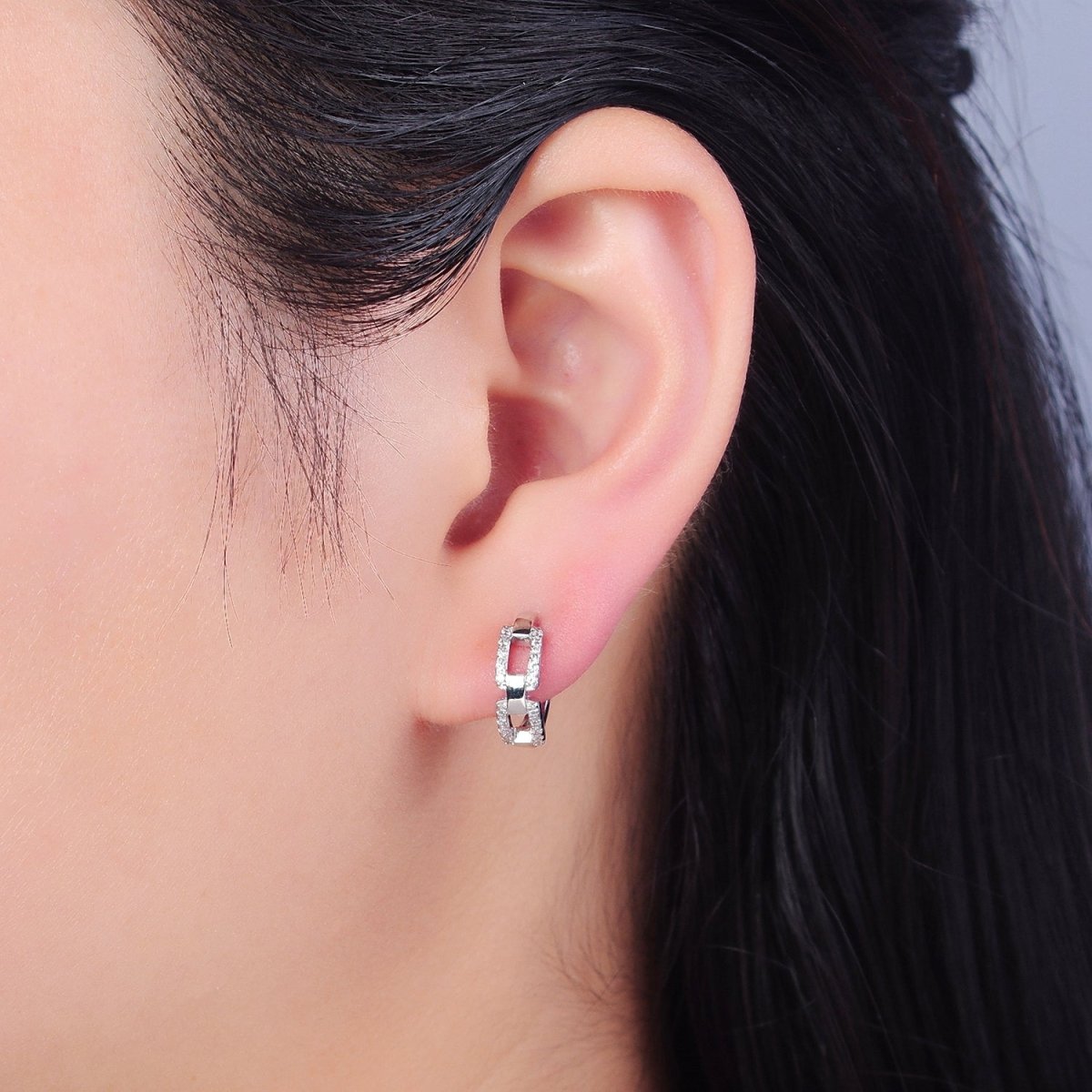 Gold Chain Huggie Hoop Earrings, Gold Chain Link Earrings Pave Chain Shape Hoop Earring T-398 V-130 - DLUXCA