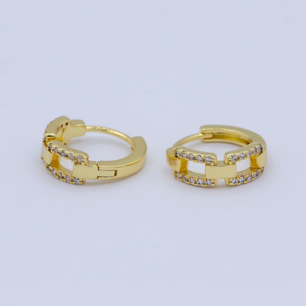 Gold Chain Huggie Hoop Earrings, Gold Chain Link Earrings Pave Chain Shape Hoop Earring T-398 V-130 - DLUXCA