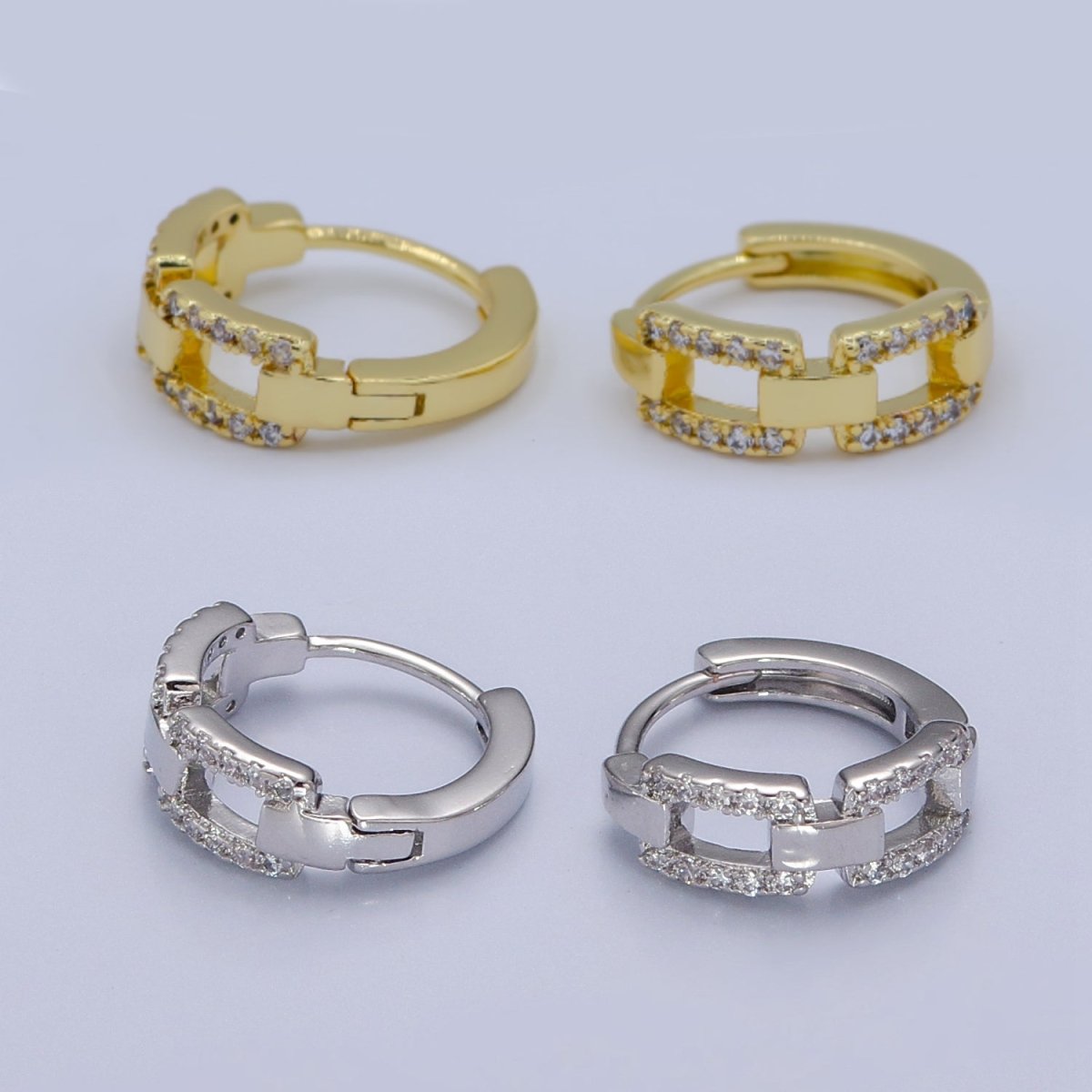 Gold Chain Huggie Hoop Earrings, Gold Chain Link Earrings Pave Chain Shape Hoop Earring T-398 V-130 - DLUXCA