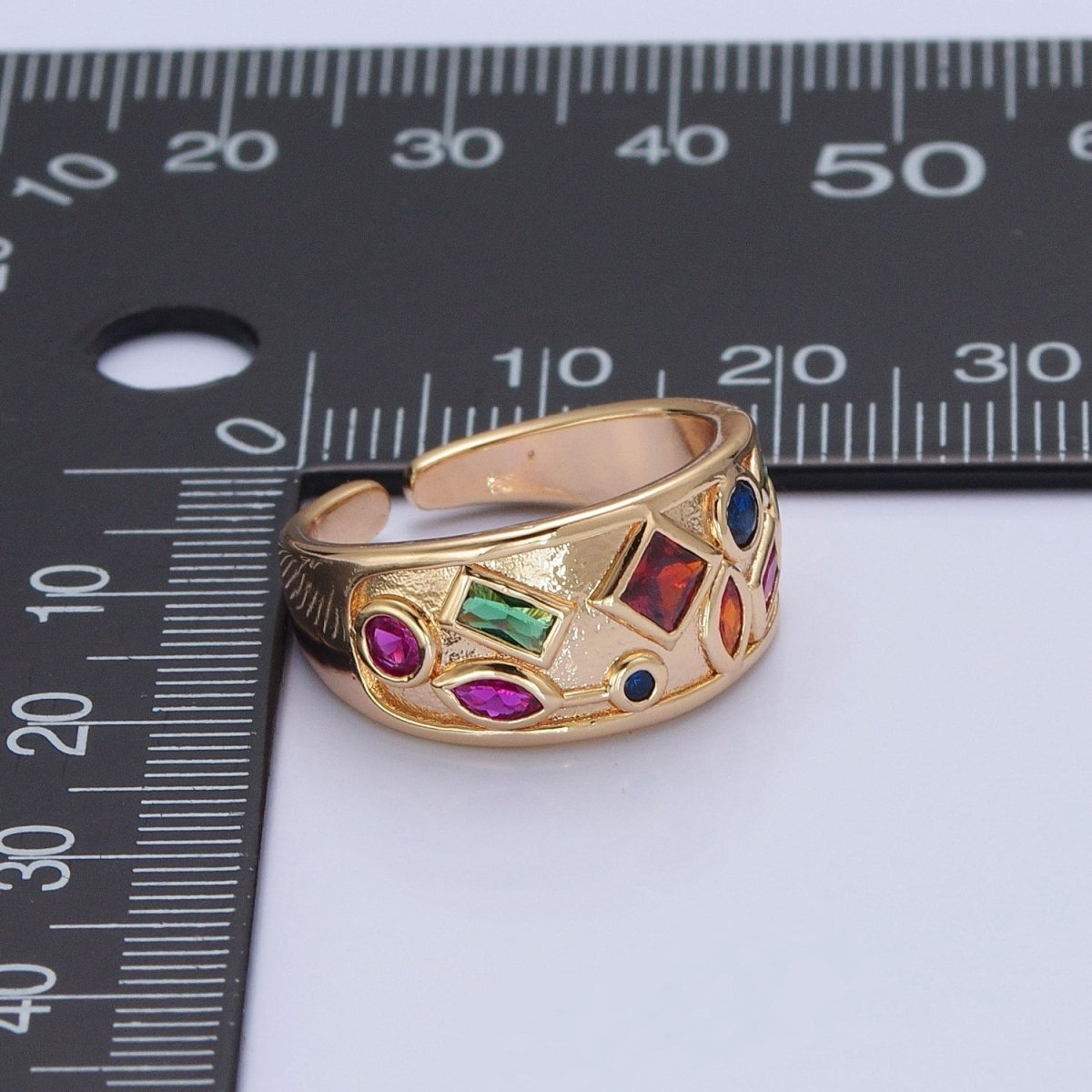 Gold Chunky Gemstone Ring Multi Color CZ Stone Dome Ring Adjustable O-738 - DLUXCA