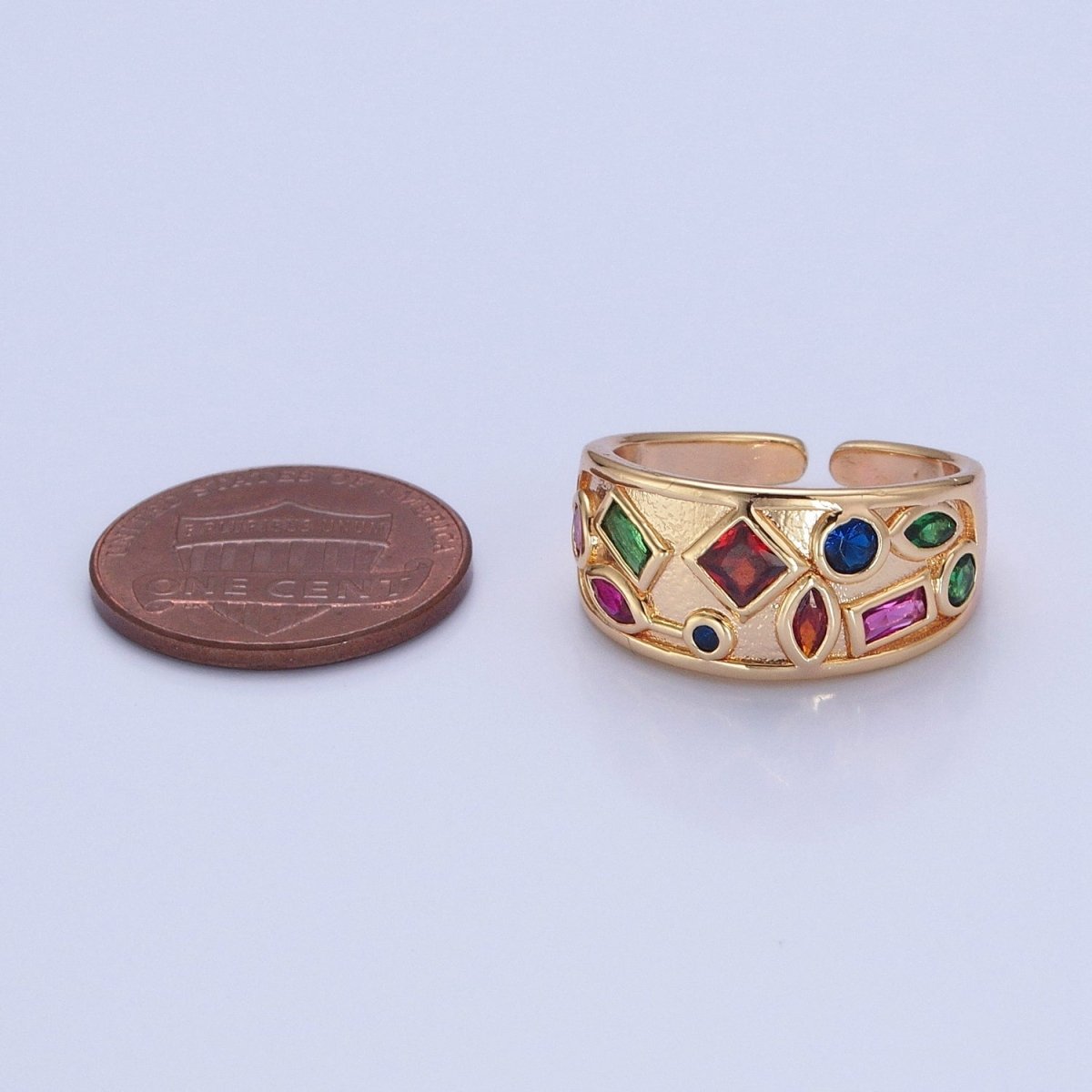 Gold Chunky Gemstone Ring Multi Color CZ Stone Dome Ring Adjustable O-738 - DLUXCA