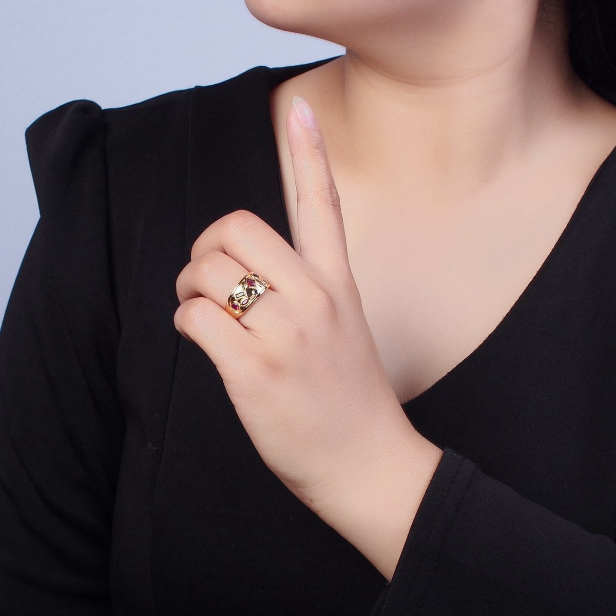 Gold Chunky Gemstone Ring Multi Color CZ Stone Dome Ring Adjustable O-738 - DLUXCA