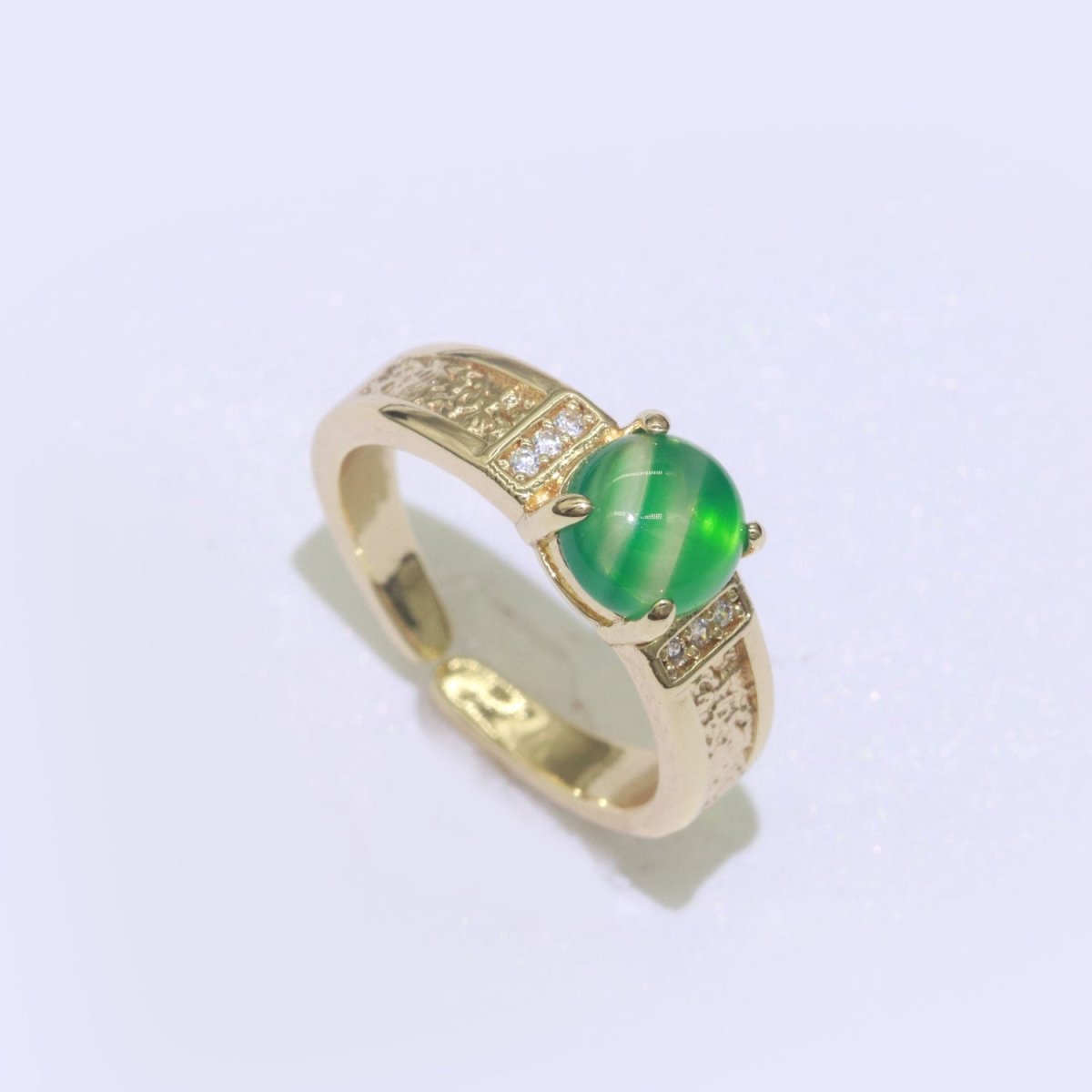 Gold Chunky Ring, Statement Ring, Green Cat Eye Stone Ring, Stackable Ring Thick Gold Ring Open Adjustable O-926 - DLUXCA