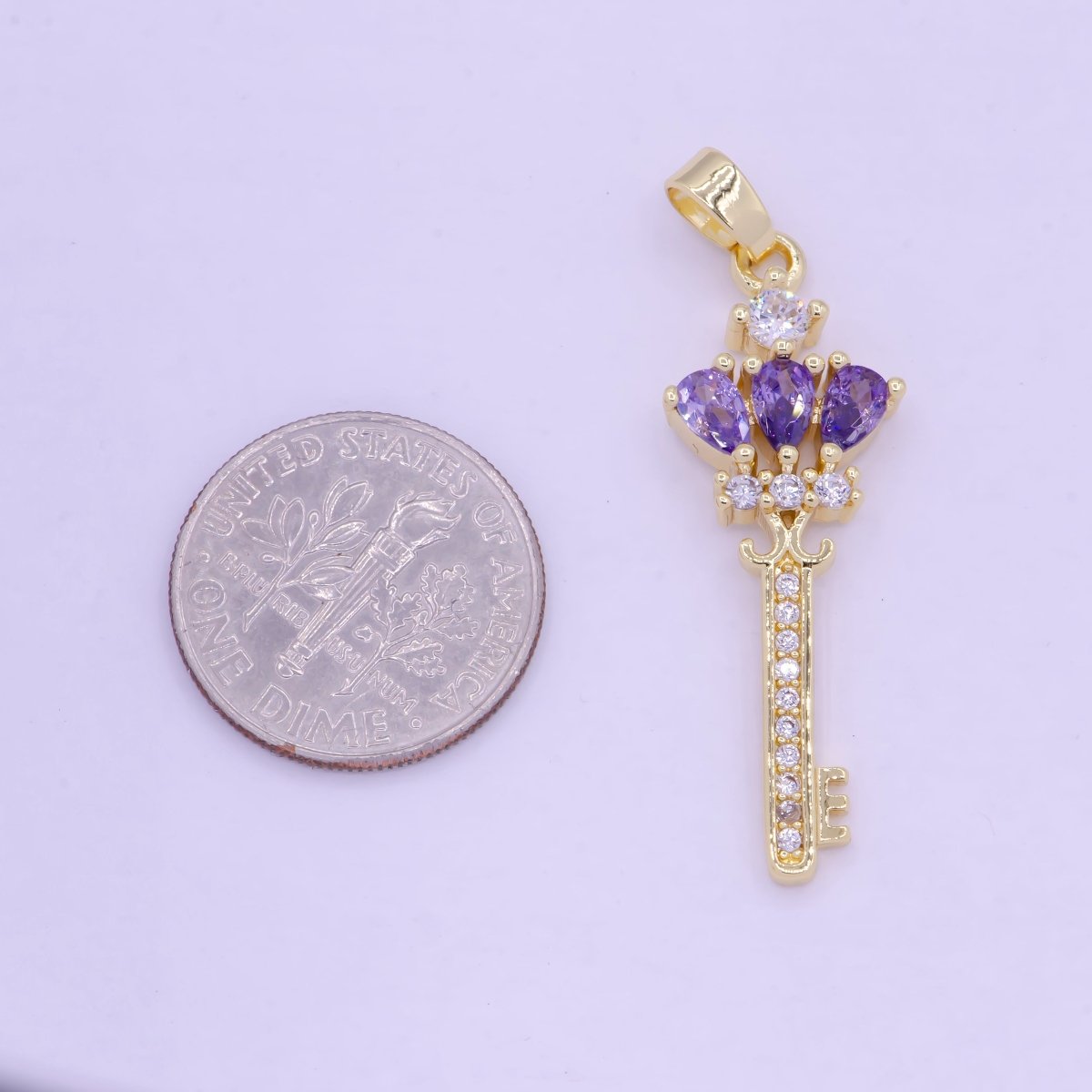 Gold Clear / Purple Crown Key Cubic Zirconia CZ Pendant, Micro Pave Gold Key Charm For Jewelry Necklace Making J-590 J-592 - DLUXCA