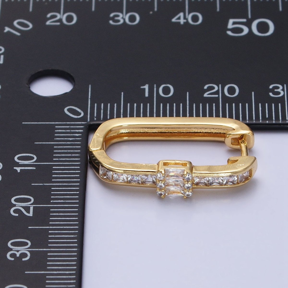 Gold Clear Round Baguette CZ Lined Oblong U-Shaped Hoop Earrings | AB375 - DLUXCA