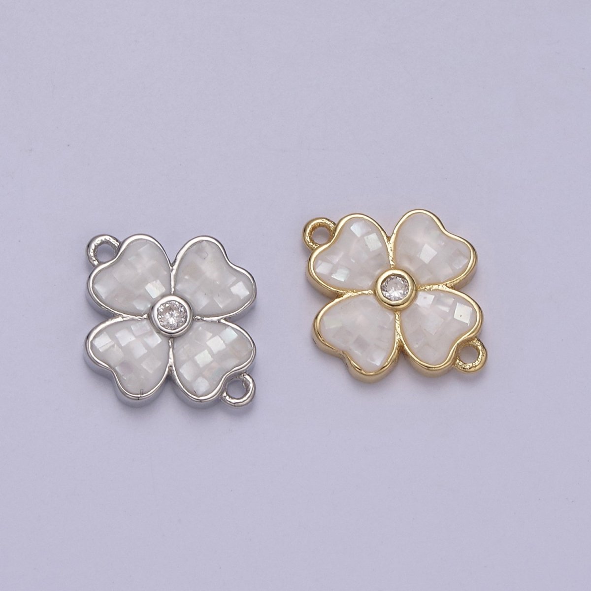 Gold Clover Charm Connector Silver White Shell Lucky Flower Leaf Shaped Connector with 2 Hole - Jewelry Supplies F-705 F-706 - DLUXCA