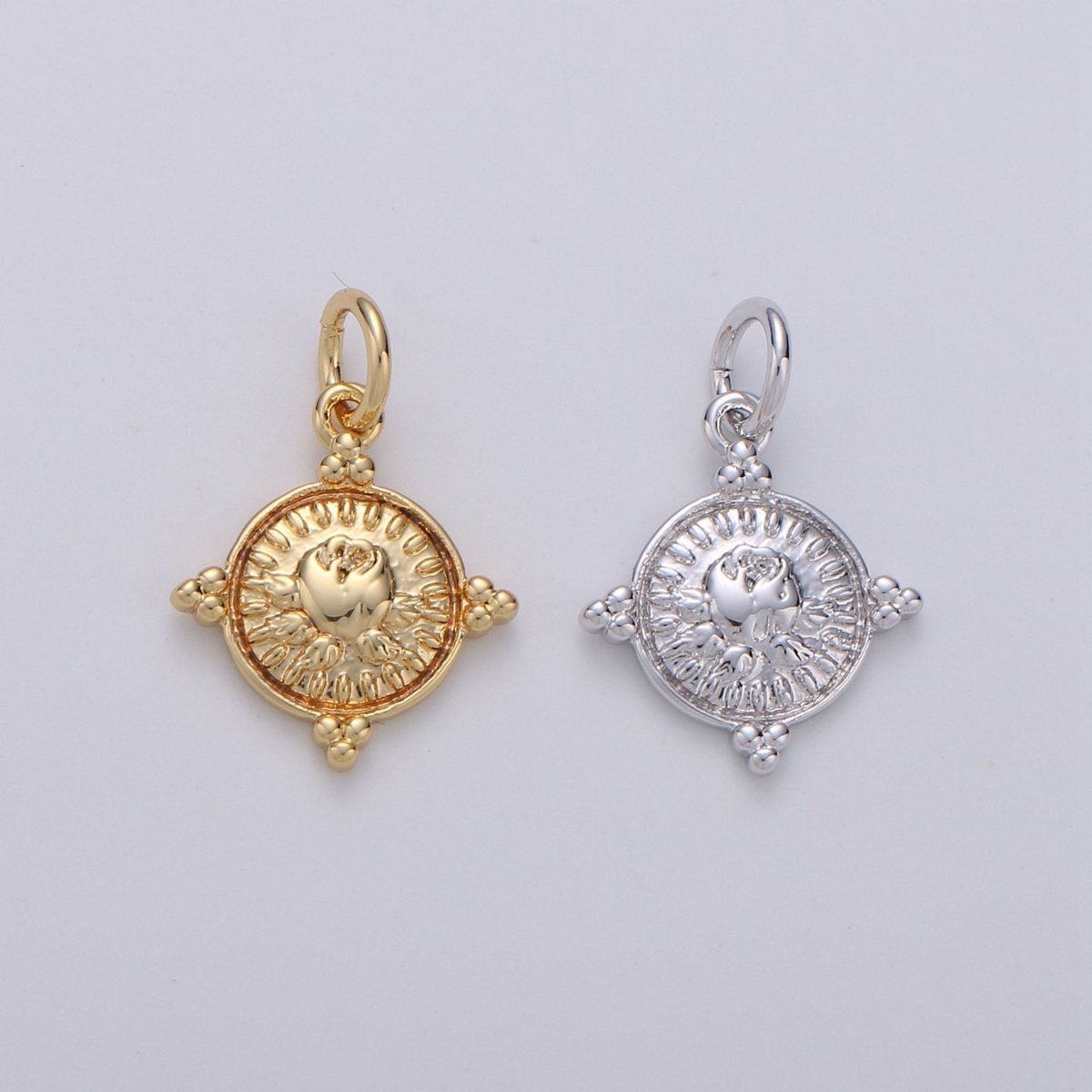 Gold Coin Charm - Silver coin charm, gold coin finding, flower charm, gold flower charm, Rose coin pendant, Dainty Charm, D-466, D-467 - DLUXCA