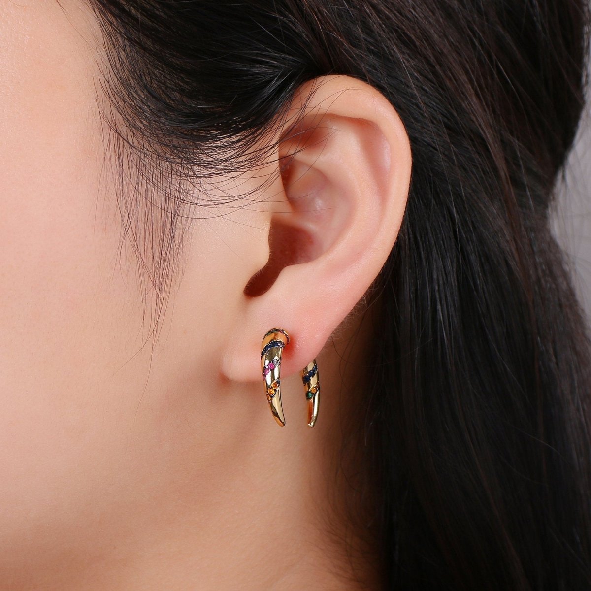 Gold Crescent moon earrings / Horn earrings / Half Moon Earrings / Celestial Stud earrings Micro Pave Earring Boho earrings Gift For Her, K-567 - DLUXCA