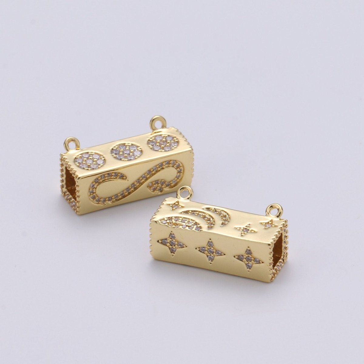 Gold Cresent Moon On Cuboid Shape Charms, Gold Star Pendant, Cube Necklace Charms with Double Bail / Dangle Charm F-439 - DLUXCA