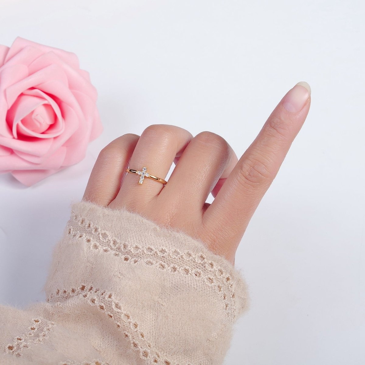 Gold Cross Ring Stacking 14K Gold Filled Ring CZ Dainty Cross Ring O-2140 - DLUXCA