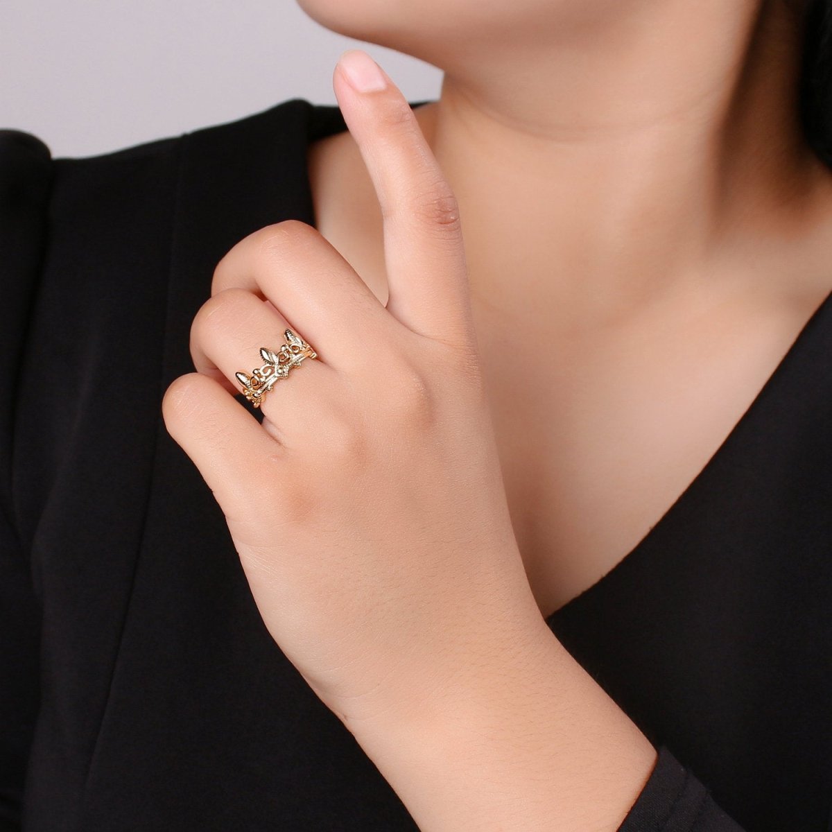 Gold Crown Ring, Statement Ring, Chunky Tiara Ring, Stackable Ring Thick Gold Ring Antique Victorian Gold Ring adjustable| R-009 R-010 - DLUXCA