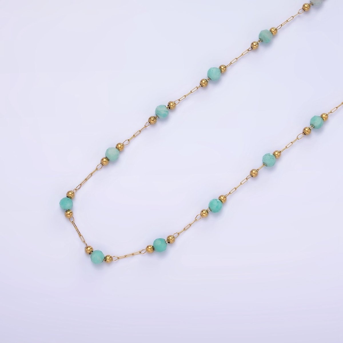 Gold Crystal Beaded Chains Stainless Steel Rosary Cable Chain Glass Rondelles with 3mm GREEN Round Beads | ROLL-1458 - DLUXCA