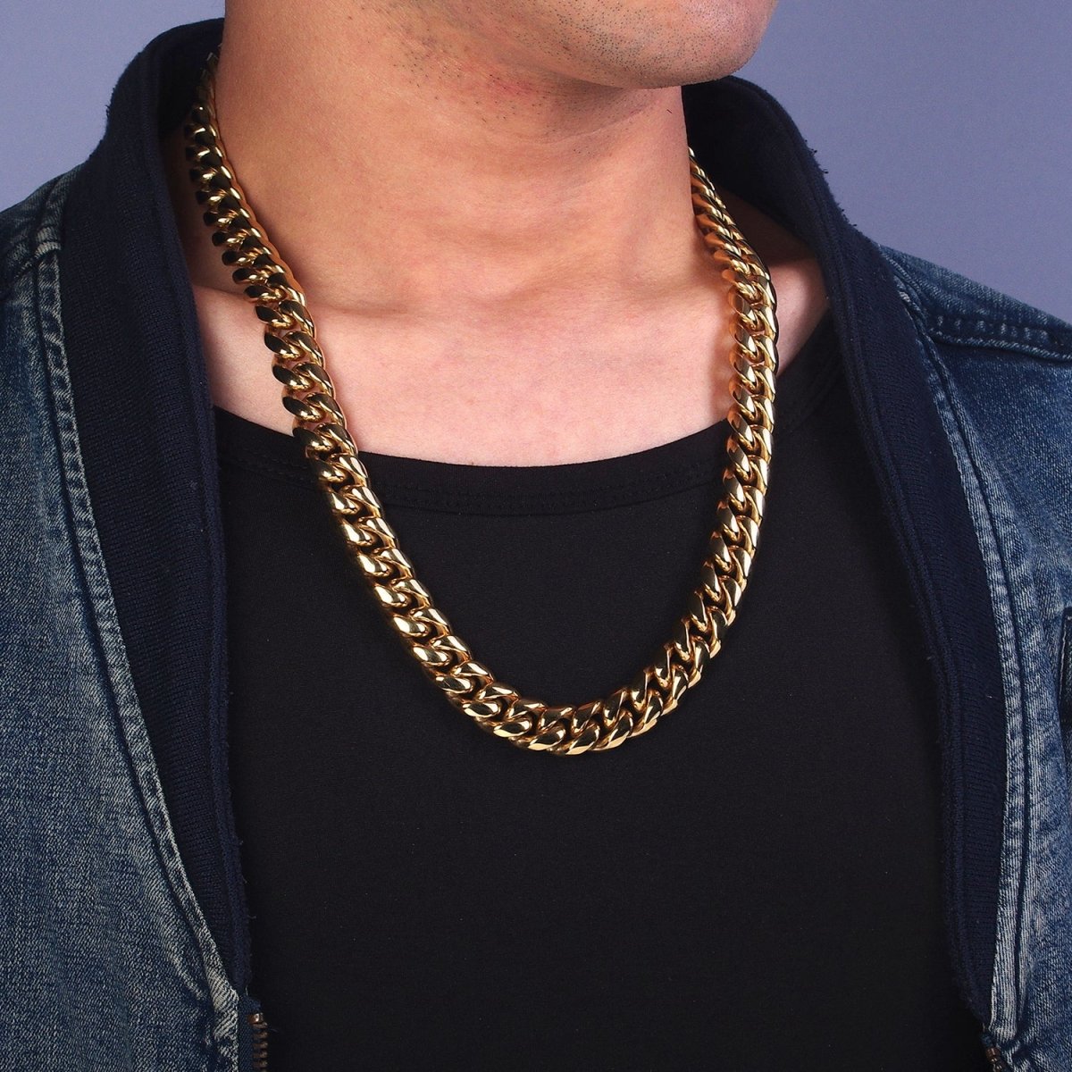 Gold Curb Chain Cuban Necklace for Men - Heavy Stainless Steel 10 12 14 mm Thickness 24.5 inch long WA-1726 WA-1727 WA-1728 Clearance Pricing - DLUXCA