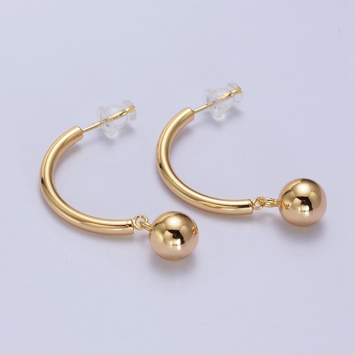 Gold Curved Half Hoop Round Ball Charm Dangle Drop Geometric Earrings | AB018 - DLUXCA
