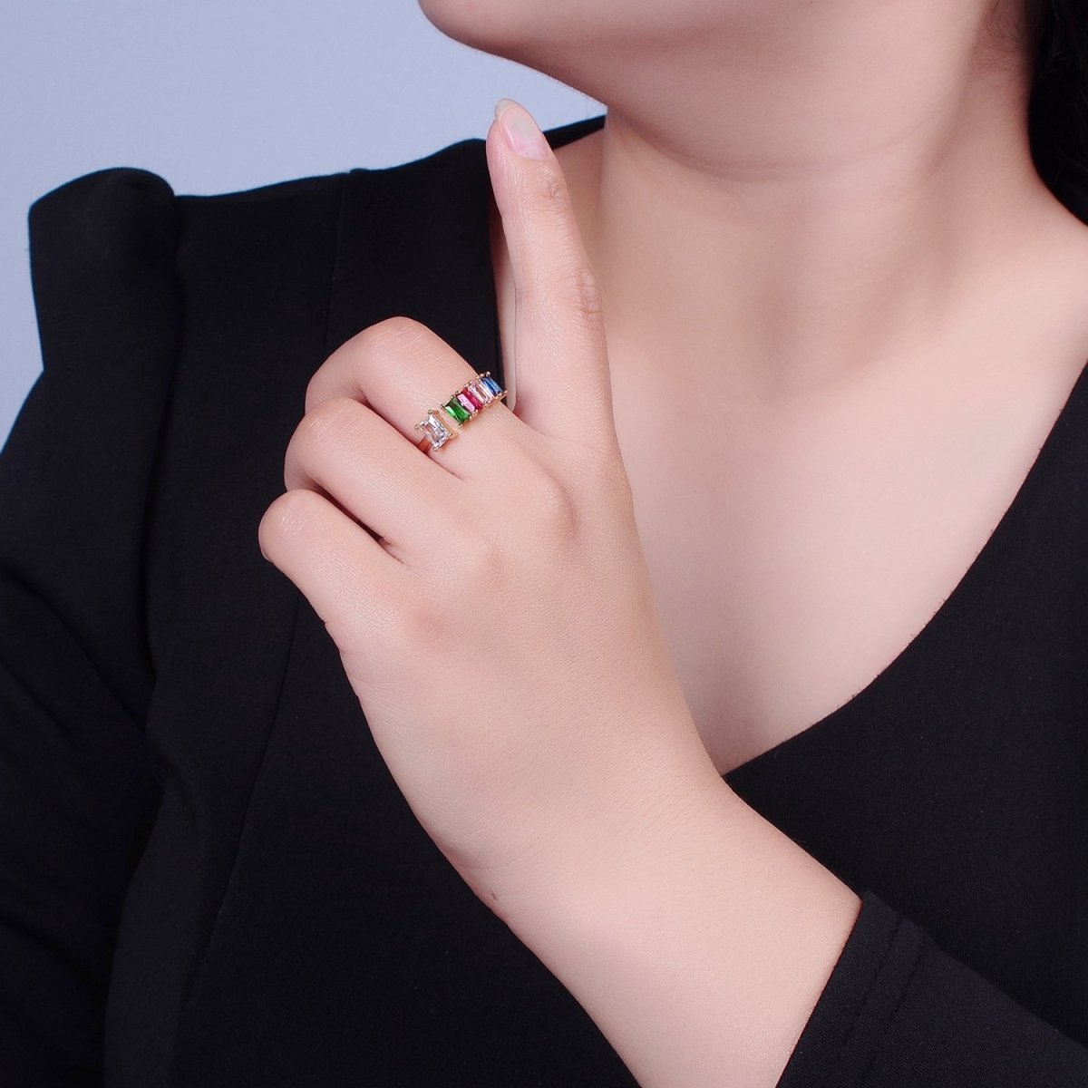 Gold CZ Pave Square Signet Midi Ring Diamond Clear Green Rainbow CZ Open Adjustable O-2248 O-2249 O-2250 - DLUXCA