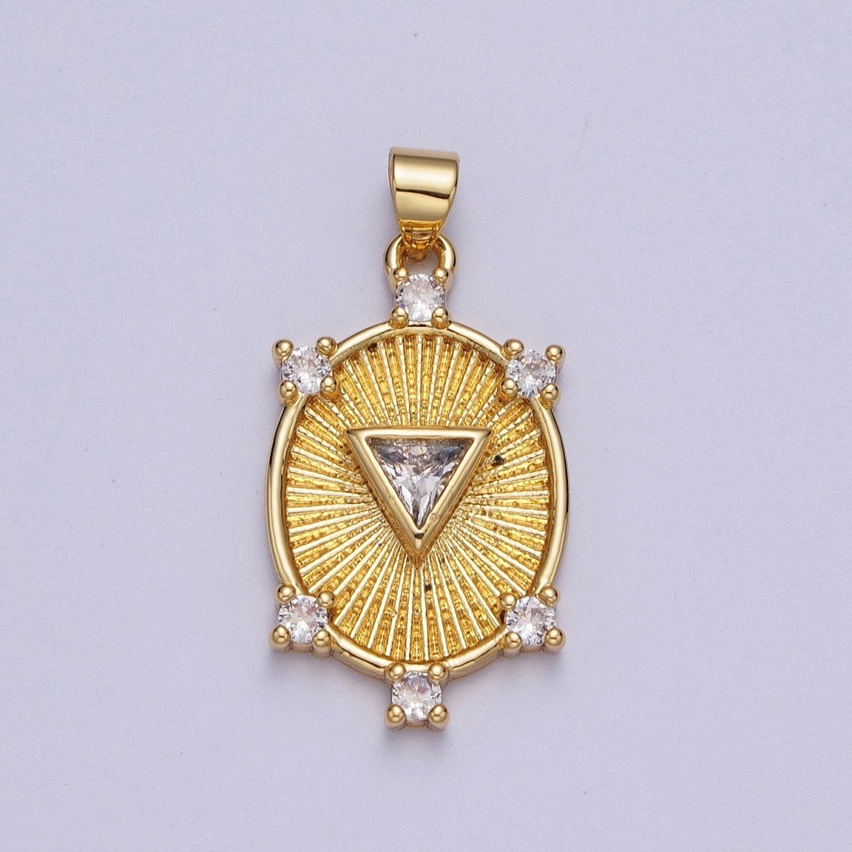 Gold CZ Sunburst Oval Pendant, Gold Clear Micro Paved Triangle Cut Center CZ Sunburst Shining Patterned Oval Medallion Charm | X-540 - DLUXCA