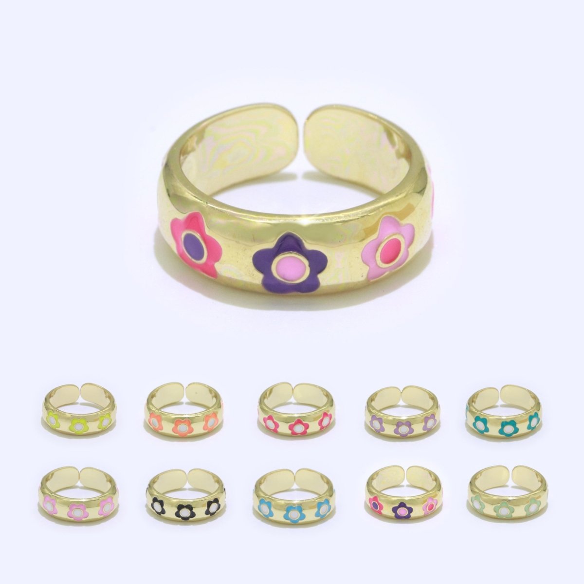 Gold Daisy Enamel Open Adjustable Ring Minimalist Jewelry Stackable Midi Ring S-021 ~ S-030 - DLUXCA