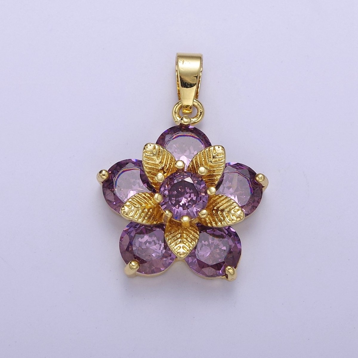 Gold Daisy with Amethyst Purple Cubic Zirconia CZ, Flower Pendant For Jewelry Necklace Making, J-527 - DLUXCA
