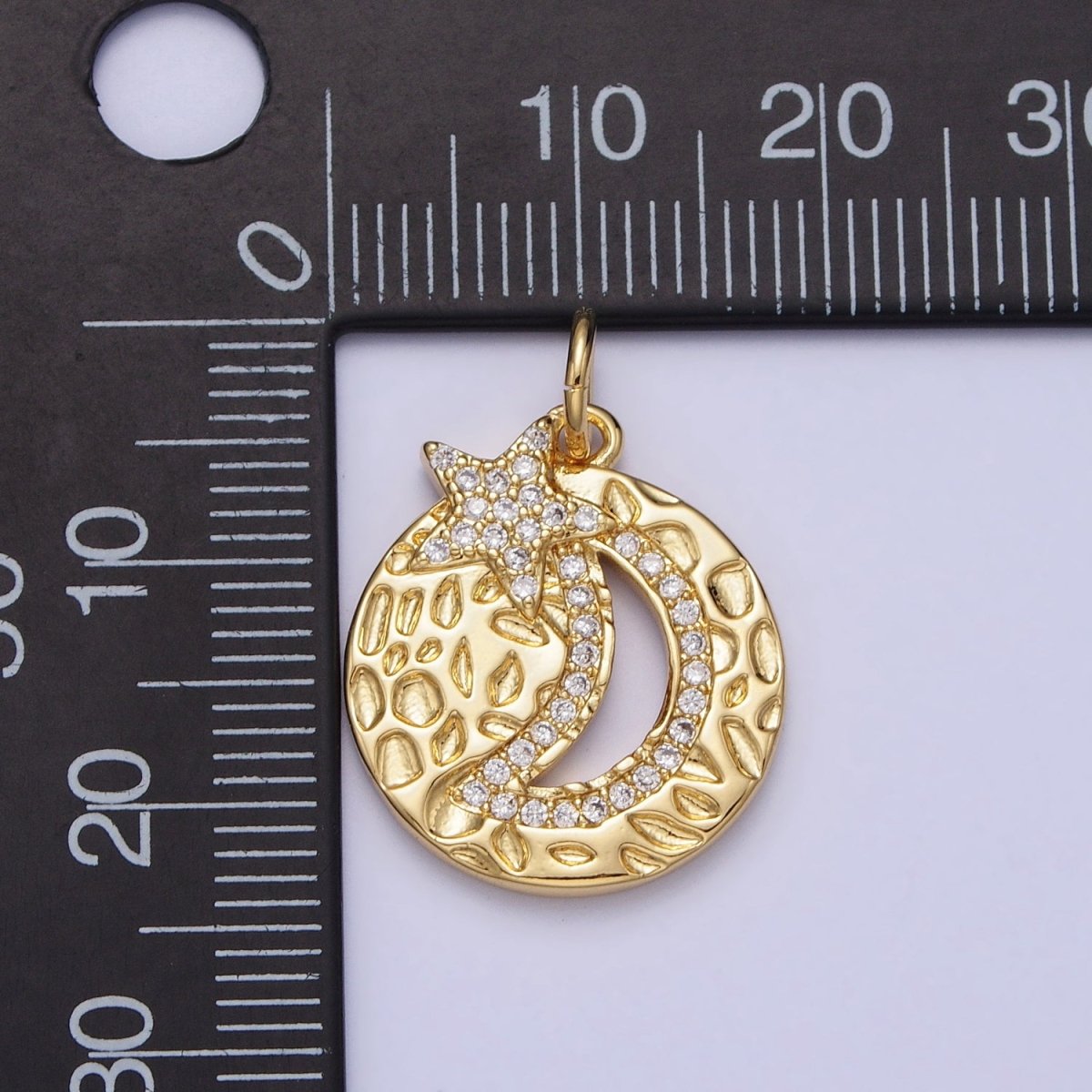 Gold Dented Celestial Crescent Moon Star Clear Micro Paved Round Charm | AC370 - DLUXCA