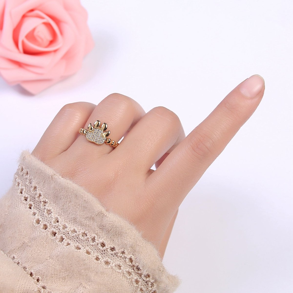 Gold Dog Cat Paw Ring, Designer Dog Cat Paw Ring, Unique Dog Cat Paw Ring, Dainty Band Ring, Sisters Gift,Best Friend Gift U-502 - DLUXCA