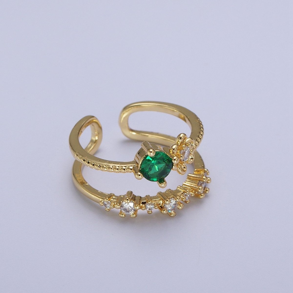 Gold Double Band Clear, Dark Blue, Pink, Green, Red, Light Blue Cubic Zirconia Beaded Ring | Y-392 ~ Y-397 - DLUXCA