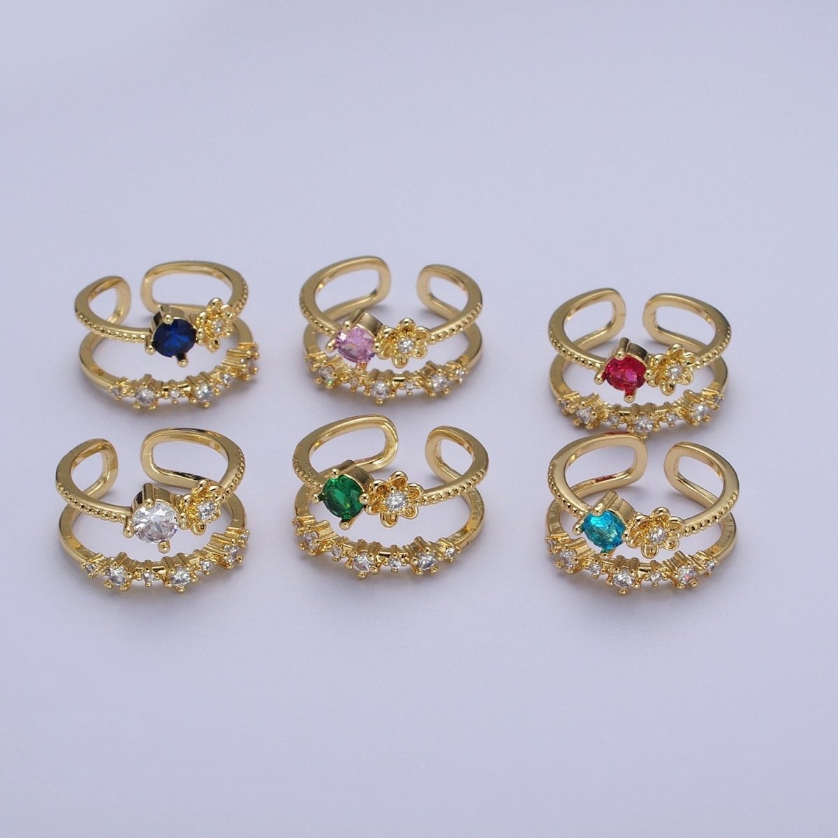 Gold Double Band Clear, Dark Blue, Pink, Green, Red, Light Blue Cubic Zirconia Beaded Ring | Y-392 ~ Y-397 - DLUXCA