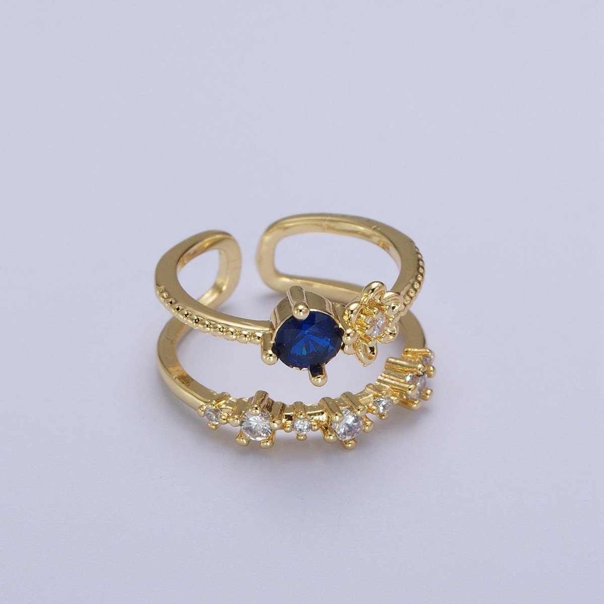 Gold Double Band Clear, Dark Blue, Pink, Green, Red, Light Blue Cubic Zirconia Beaded Ring | Y-392 ~ Y-397 - DLUXCA