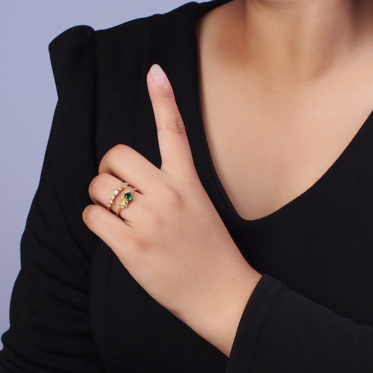 Gold Double Band Clear, Dark Blue, Pink, Green, Red, Light Blue Cubic Zirconia Beaded Ring | Y-392 ~ Y-397 - DLUXCA